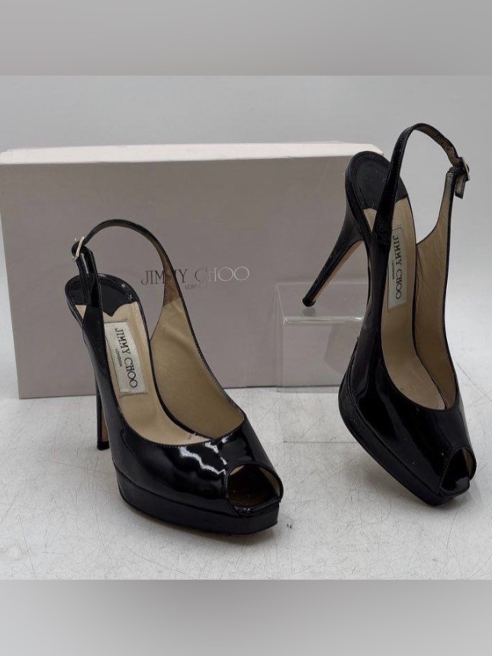Jimmy Choo, size 38 (US 7.5), Black Patent Leather Peep-Toe Heels, EUC